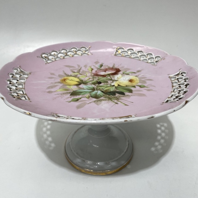 CAKE STAND, Vintage Plate Stand Pink w Roses